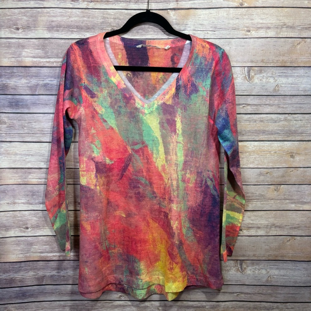 Soft Surroundings Multicolor Abstract V Neck Lightweight Sweater Women XS